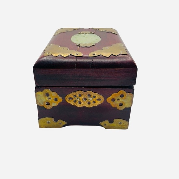 Vintage Wood & Brass Shanghai Chinese Jade Inlay Jewelry Box 5.25" x 4" - Picture 6 of 11
